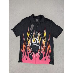 Ed Hardy Shirt Mens Medium Flame Tattoo Short Sleeve Button Up EHBAO1200-17